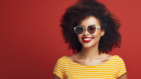 Image shows a young African-American woman with curly hair, wearing sunglasses and a yellow-striped shirt, smiling against a red background.の素材