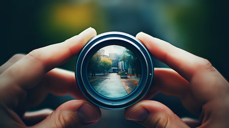A close-up of a camera lens held in front of a busy city street.の素材