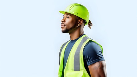 A construction worker wearing a green hard hat and reflective vest looks off to the side.の素材