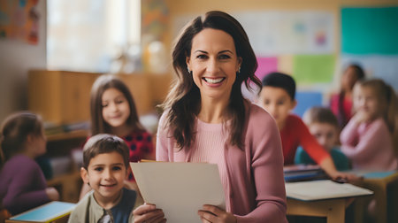 A female teacher is sitting in a classroom full of children. She is smiling.の素材