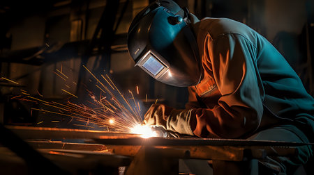 A welder wearing protective gear welds a metal beam, sparks flying from the intense heat.の素材