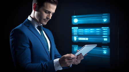 A man in a suit is looking at a tablet. He is surrounded by a futuristic interface.の素材