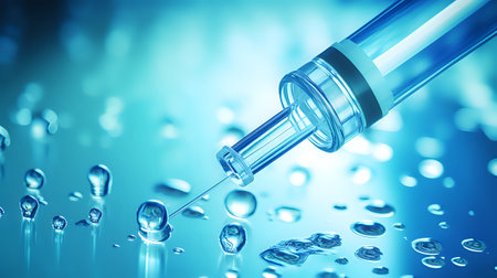 A close-up of a syringe with a needle and a drop of liquid on the tip. The syringe is held at an angle and there is a blue background with water droplets.の素材