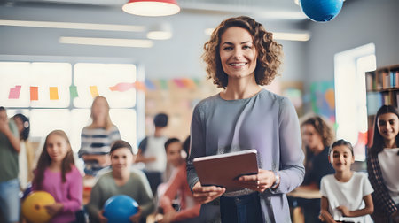 Confident smiling teacher holding a tablet with a classroom of children in the background.の素材