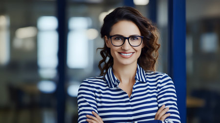 Confident businesswoman standing with arms crossed in the office.の素材