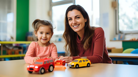 Early childhood educator smiling and playing with a toddler in a classroom.の素材