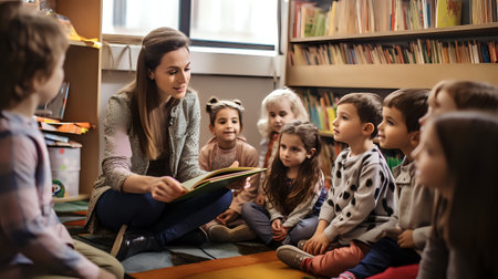 A group of children sit on the floor in a library and listen attentively to their teacher reading a book.の素材