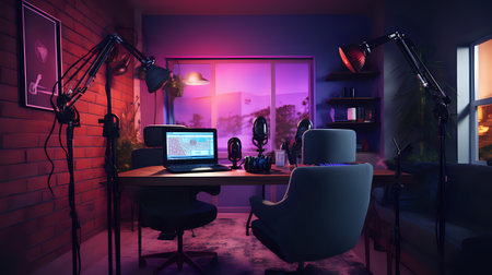 A cozy purple and blue home studio setup with two chairs, a desk, a laptop, microphones, headphones, and other equipment.の素材