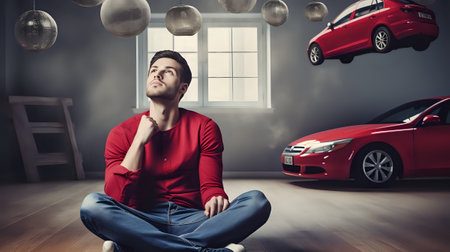 A young man sits on the floor of his house, looking up at a red car that is floating in the air.の素材