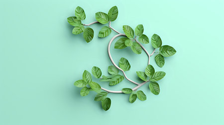 3D rendering of a branch with green leaves on a pastel green background.の素材