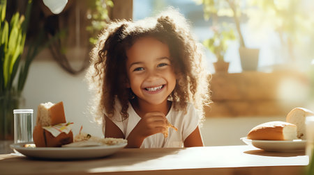A young girl with curly hair is sitting at a table and eating a piece of bread. She has a big smile on her face and is looking at the camera.の素材