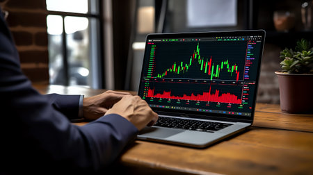 A businessman in a suit is using a laptop to view stock market data while sitting at a desk.の素材