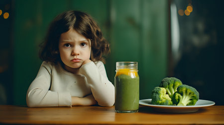 A young girl sits at a table with a plate of broccoli and a glass of green smoothie. She is looking at the camera with a skeptical expression on her face.の素材