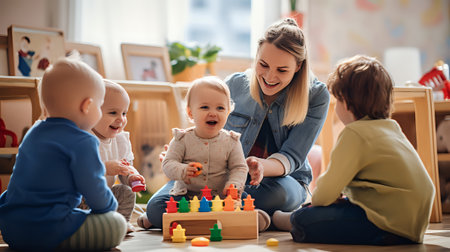 Early childhood educator smiling and playing with a group of toddlers.の素材