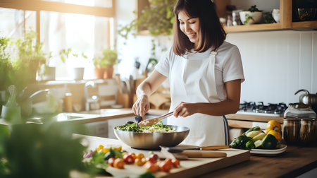 Image shows a young woman in an apron happily preparing a salad in a large metal bowl in a bright kitchen.の素材