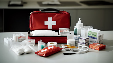 Image shows a red first aid kit bag and its contents spilled out on a table.の素材
