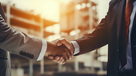 Two businessmen shaking hands with a construction site in the background.の素材