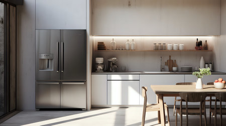The image shows a modern kitchen with a large stainless steel refrigerator, a wooden dining table with a vase of flowers on it, and a large window that lets in natural light.の素材