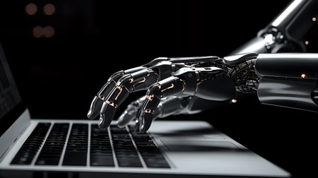 A robot's hands are shown typing on a laptop keyboard. The robot's hands are made of metal and the laptop is black. The background is dark.の素材