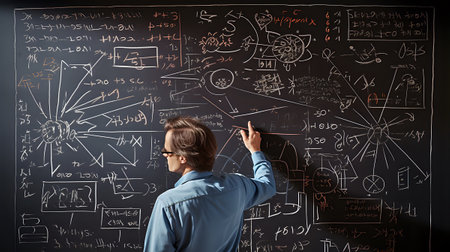 A man in a blue shirt is writing complex mathematical equations on a blackboard.の素材