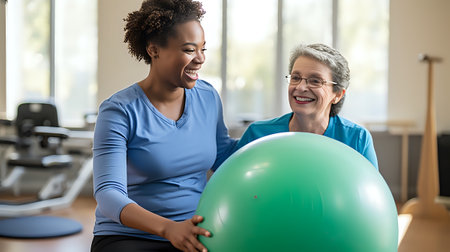 A physical therapist helps her patient with balance and coordination exercises using a stability ball.の素材
