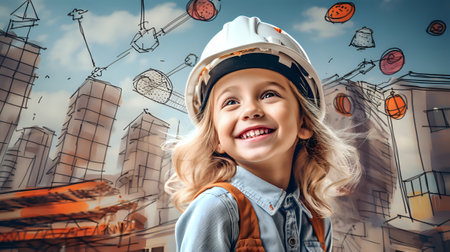 A young girl wearing a hard hat is standing in front of a building under construction. The girl is smiling and looking up at the building.の素材