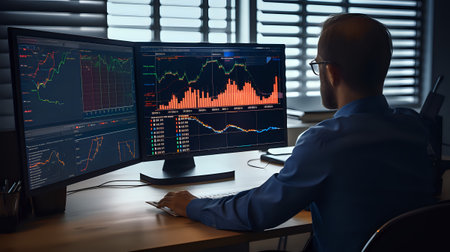 A male stock trader wearing glasses sits at his desk looking at multiple computer monitors displaying graphs and charts while working on his computer.の素材