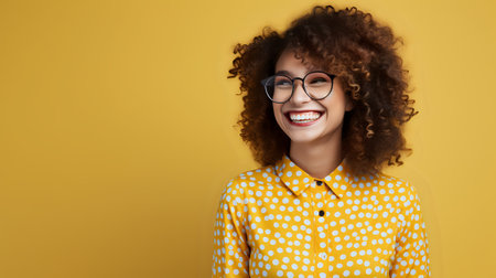 A young woman with curly hair and glasses smiles happily against a yellow background.の素材