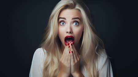 A blonde woman with red lipstick looks shocked with her hands covering her mouth.の素材