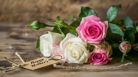 A beautiful bouquet of pink and white roses with a tag that says 'Happy Mother's Day' on a wooden background.の素材