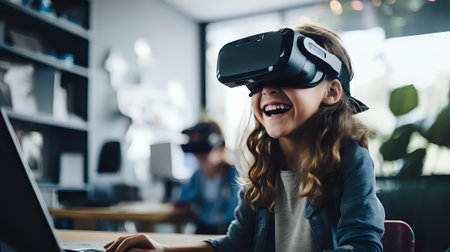 A young girl wearing a virtual reality headset smiles with joy as she experiences a virtual world.の素材