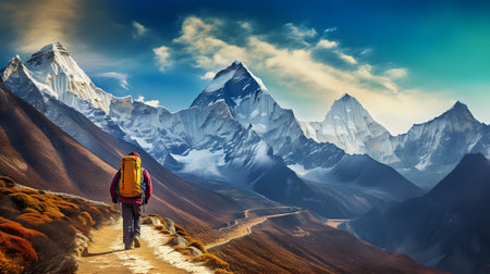 Hiker in Himalaya mountains, Manaslu trek, Nepalの素材