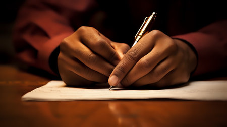 A close up of a person's hands holding a pen and writing on a piece of paper.の素材