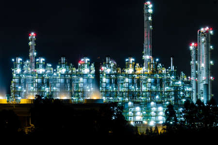 Oil refinery at night in Rayong, Thailandの写真素材