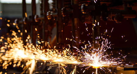 CNC LPG cutting with sparks close upの写真素材