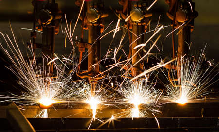 CNC LPG cutting with sparks close up