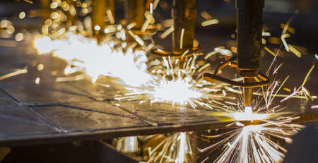 CNC LPG cutting with sparks close upの写真素材