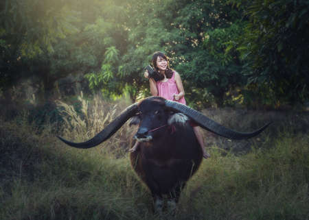 Asian woman riding buffalo with radioの写真素材