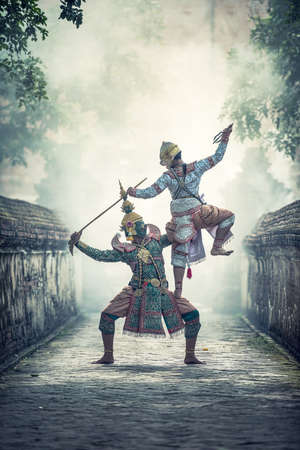 Khon is traditional dance drama art of Thai classical masked, this performance is Ramayana epicの写真素材