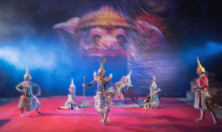 Khon is traditional dance drama art of Thai classical masked, this performance is Ramayana epicの写真素材