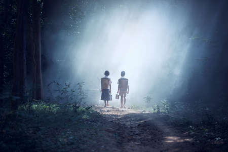 Student little asian boy and girl, countryside in Thailandの写真素材