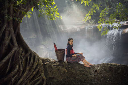 Portrait of beautiful rural woman wear Thai dress. Beautiful Thai woman,Thailand cultureの写真素材
