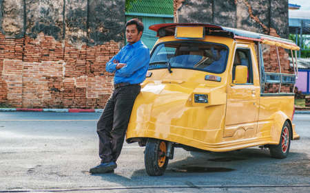 Tuk Tuk car tourist at parking outdoor at old temple background, Tuk Tuk is taxi car for travel...