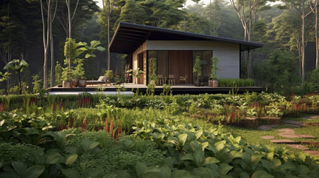 A small house with a vegetable garden, during nature, Live a simple life in the countryside of Thailand, Generative AIの素材