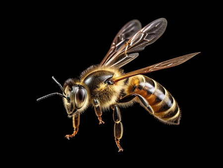 a stunning bee is flying, isolated on transparent background, macro, incredible pollinator, Generative AIの素材