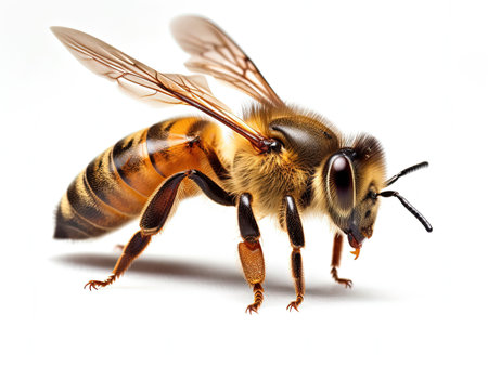 a stunning bee is flying, isolated on white background, macro, incredible pollinator, Generative AIの素材