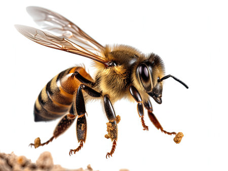 a stunning bee is flying, isolated on white background, macro, incredible pollinator, Generative AIの素材