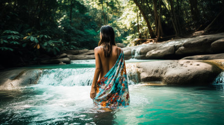 Amidst the serene beauty of nature, a girl in rural Thailand dons a colorful sarong while taking a refreshing dip in a stream by a picturesque waterfall, surrounded by blooming flowers and basking in the warm sunlight, Generative AIの素材