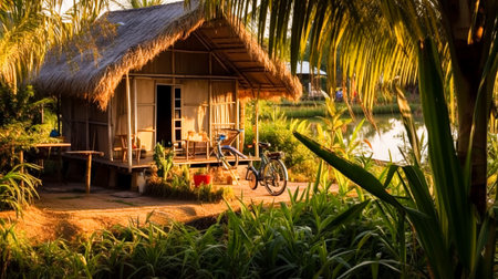 Nestled in the heart of rural Thailand, amidst the lush greenery of the forest and the sway of the trees, lies a charming little coffee shop that is as serene as it is unpretentious, Generative AIの素材