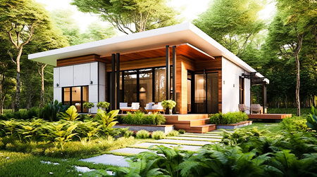 A small modern-style house with a vegetable garden, during nature, Live a simple life in the countryside of Thailand, Generative AIの素材